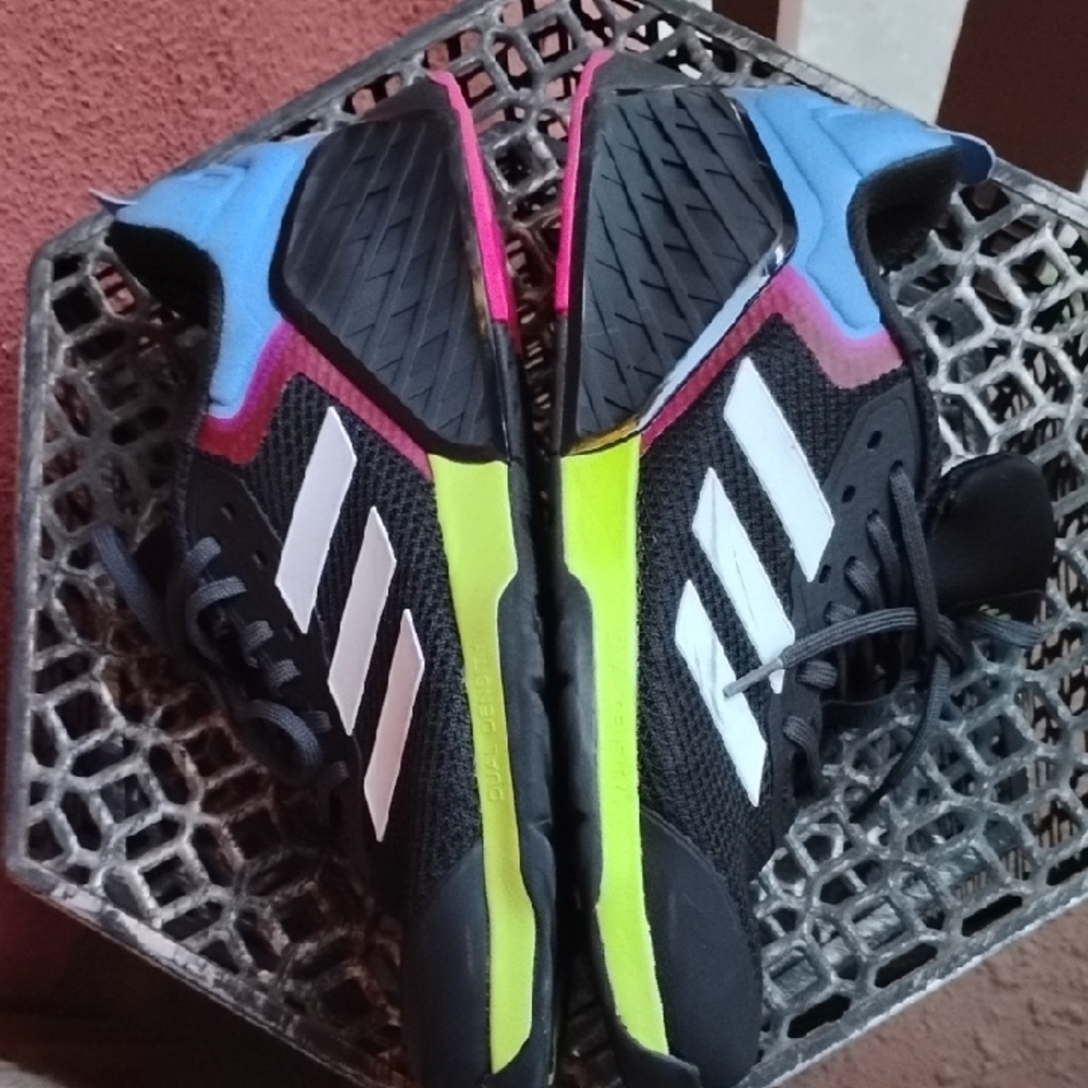adidas Black Sneakers with White Stripes, Pink Lining & Neon Green Accents - Picture 5 of 8